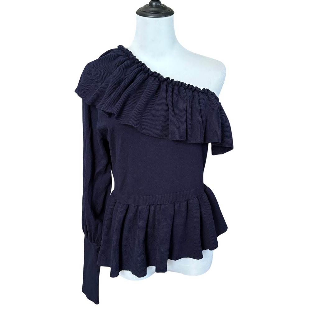 Ulla Johnson Eden One Shoulder Ribbed Knit Ruffle Sweater Size M Blue Cashmere